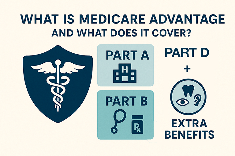 Infographic illustrating what Medicare Advantage plans cover, including Medicare Part A (hospital), Part B (medical), Part D (prescriptions), and extra benefits like dental, vision, and hearing coverage.