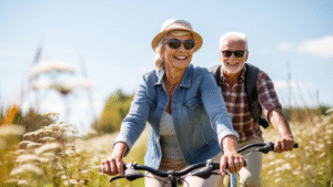 Retired couple riding bikes