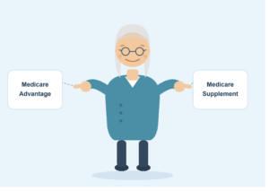 Illustration of a senior woman comparing Medicare Advantage and Medicare Supplement plans, pointing to each option